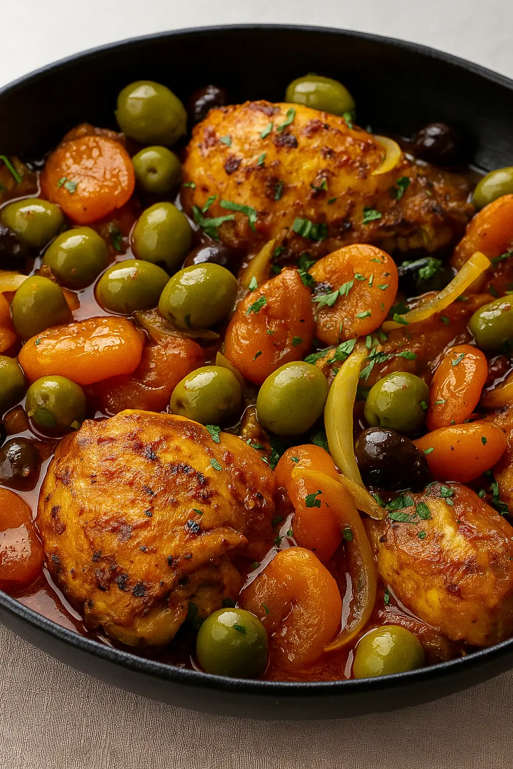 Easy Moroccan Chicken Tagine Recipe dish with seasoned chicken thighs, olives, apricots, and spiced sauce in a black skillet.
