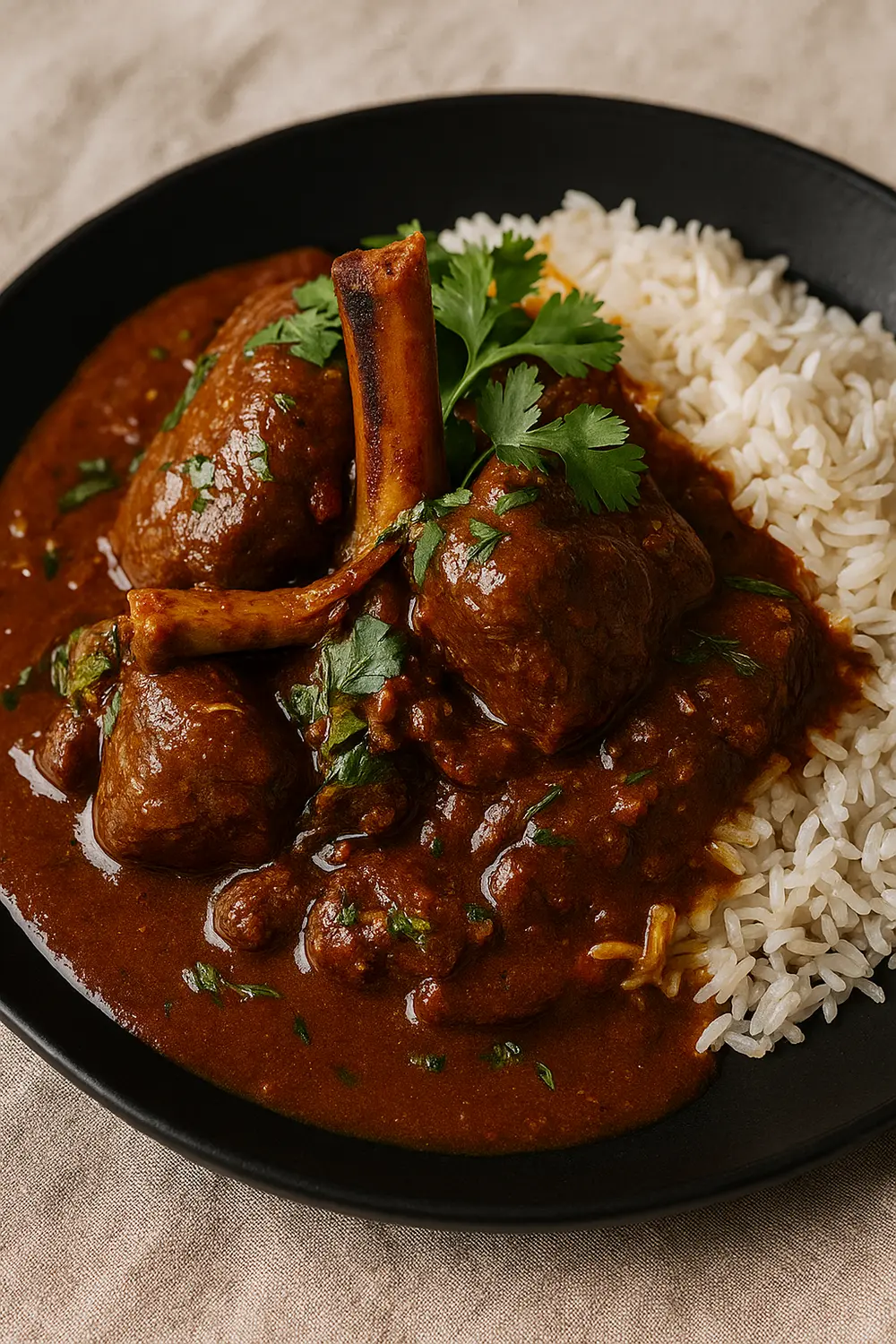 Authentic mutton rogan josh served with steamed basmati rice, garnished with fresh cilantro and steaming hot aromatic curry sauce.