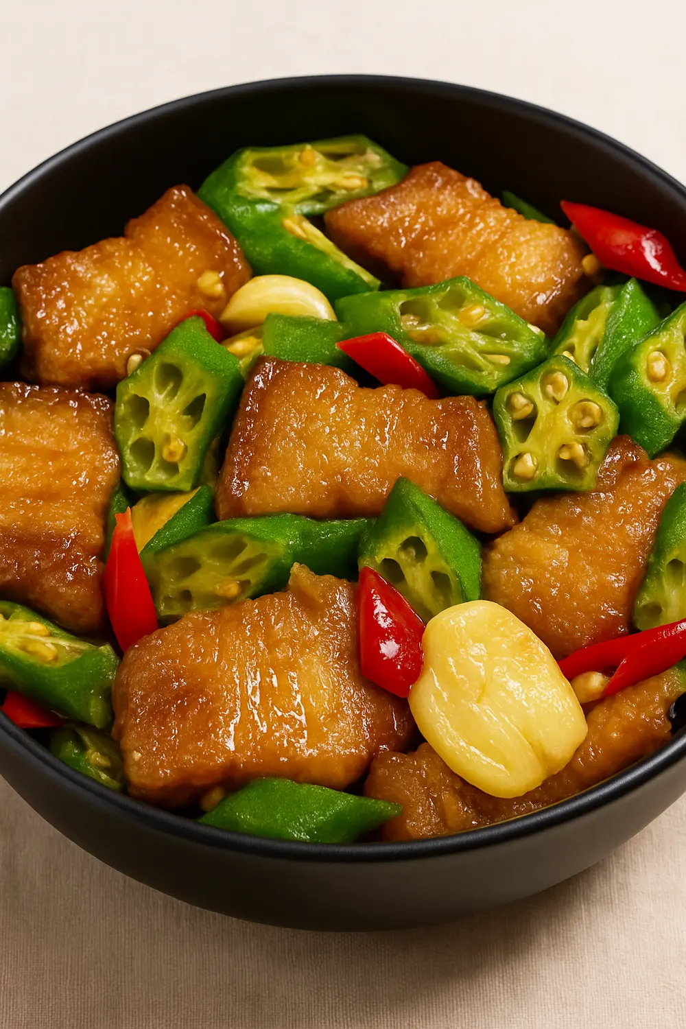 Stir fry pork belly recipes with okra, garlic, and red chili, served hot in a black bowl.