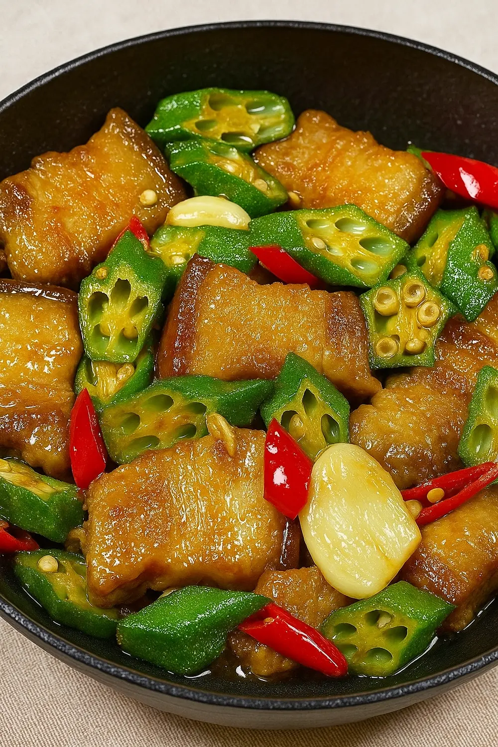 Pork stir fry with tender pork belly slices, fresh okra, red chili, and garlic in a savory glaze, perfect for those on a carb cycling meal plan.