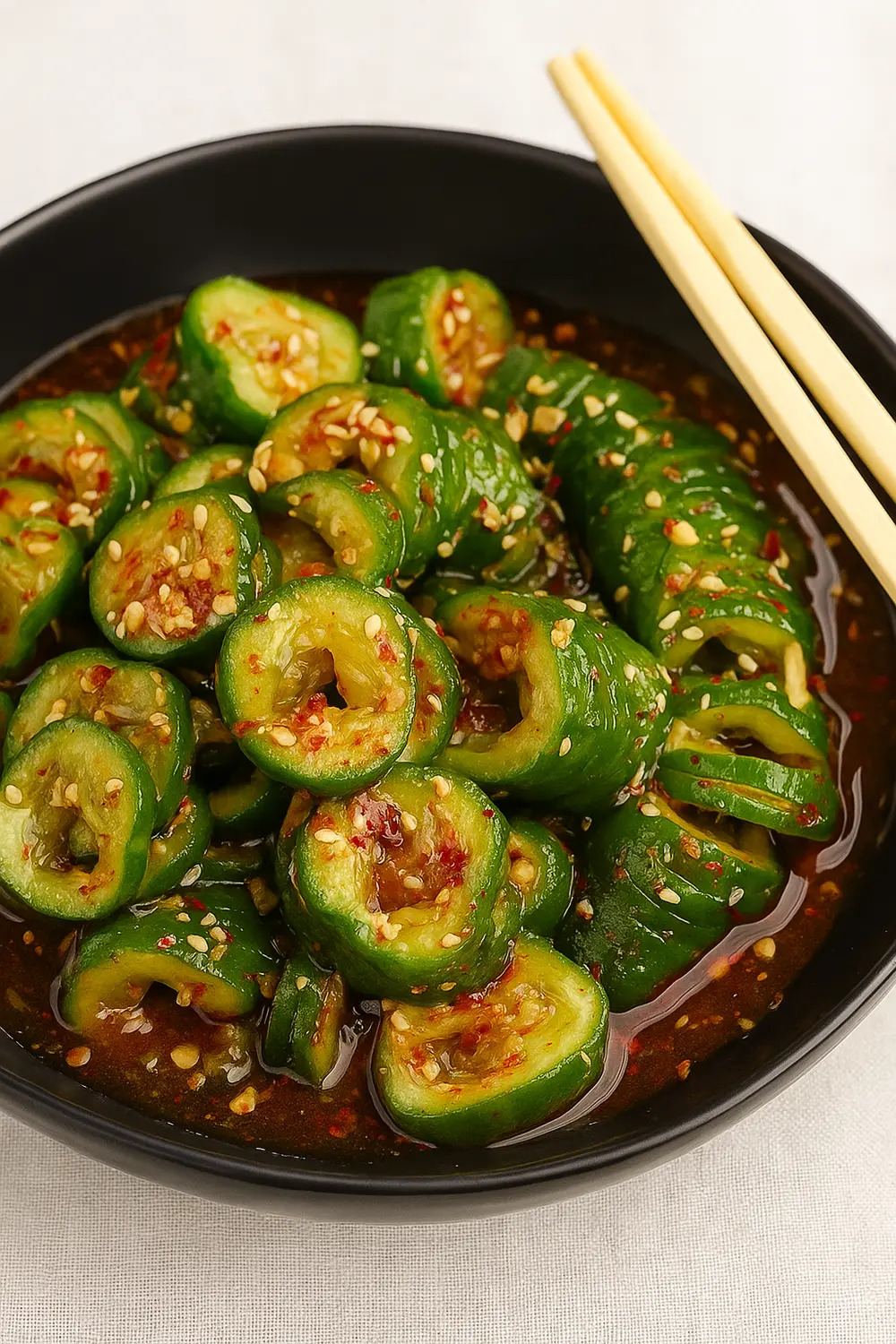 Fresh spicy cucumber salad with chili flakes, garlic, and sesame seeds in a savory dressing, perfect for a low-carb diet.