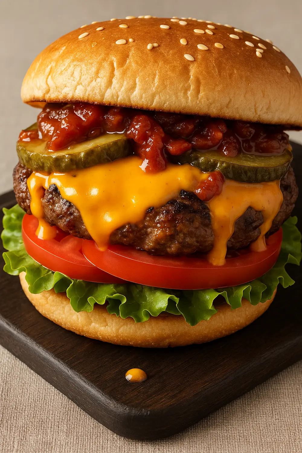 Premium Wagyu burger with American cheese, pickles, tomatoes, and lettuce on a sesame bun.