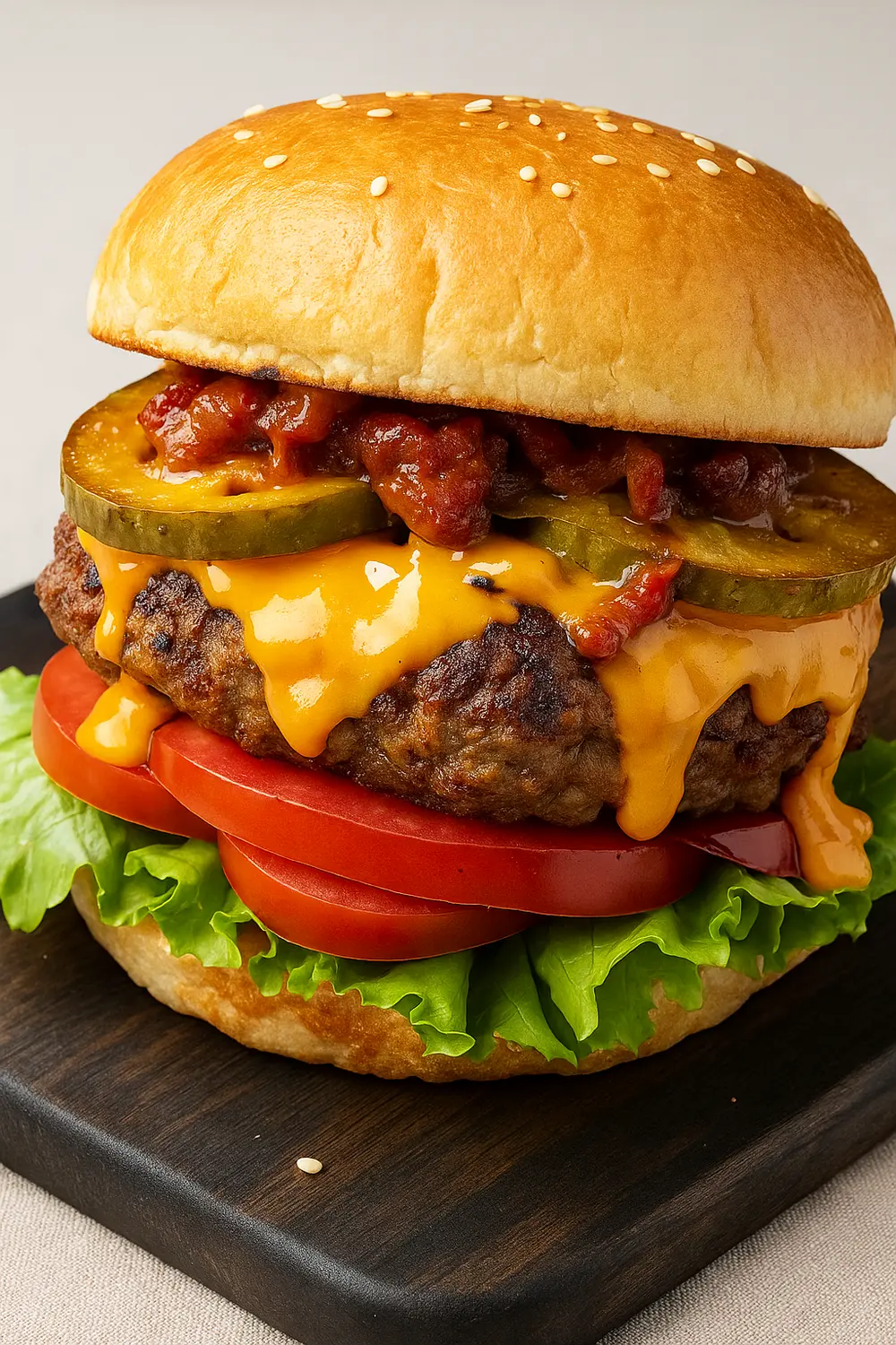 Gourmet cheese burger made with Wagyu ground beef, melted American cheese, pickles, and fresh vegetables on a toasted sesame bun.
