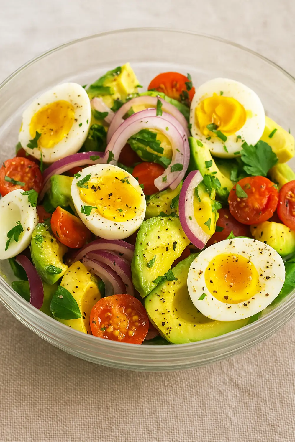 Avocado Egg Salad featuring halved hard-boiled eggs, creamy avocado chunks, juicy cherry tomatoes, sliced red onion, and fresh parsley, all seasoned with cracked black pepper, is best for those on the Semaglutide Diet Plan.
