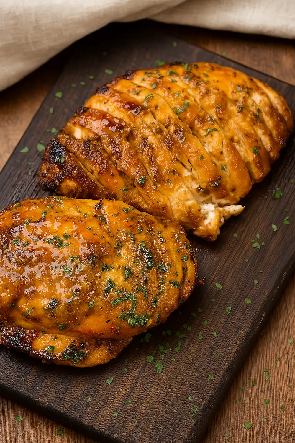 Easy baked chicken breast recipe with a golden glaze, sliced to show a tender and moist inside.
