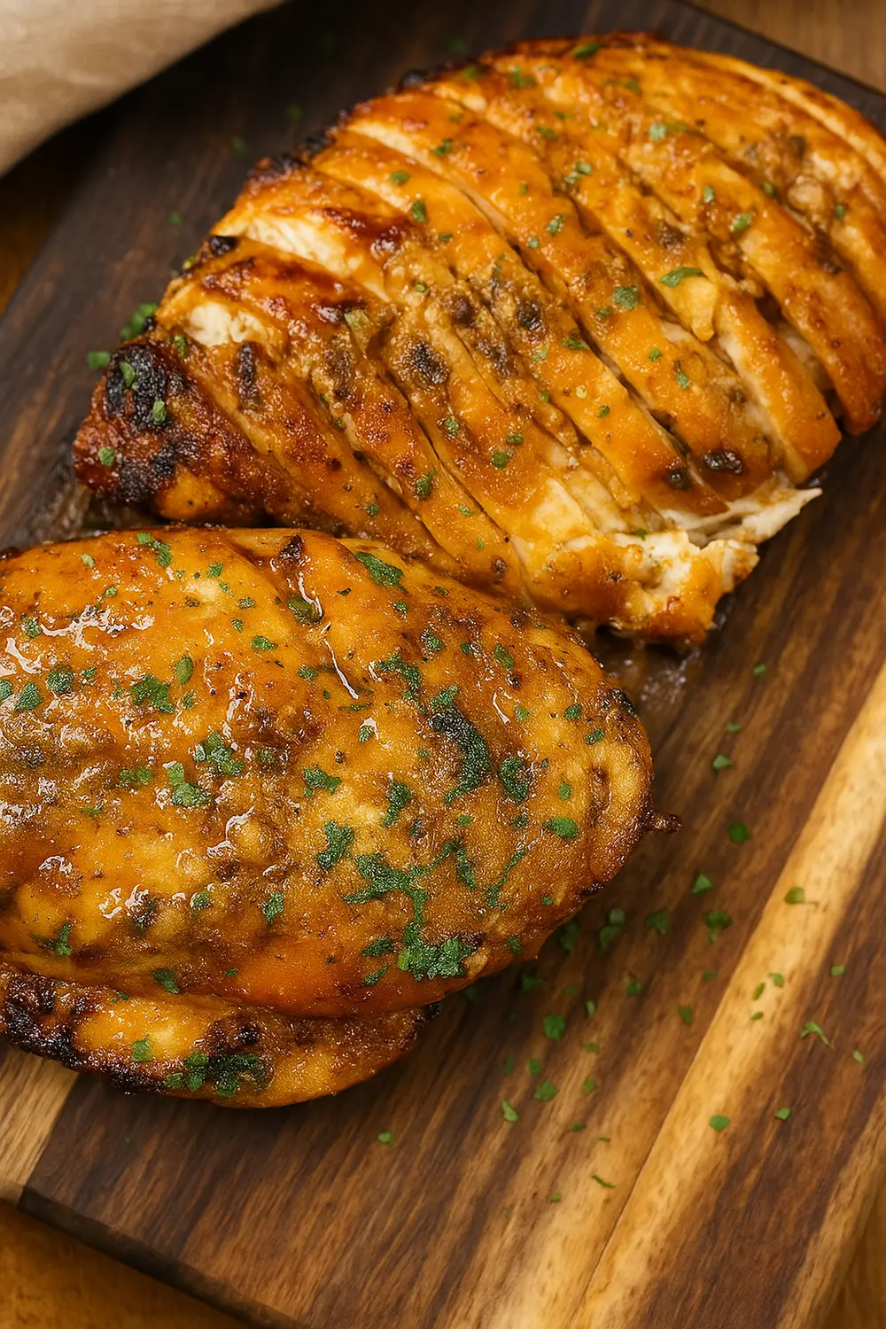 Sliced juicy baked honey garlic chicken breast on a wooden cutting board, garnished with fresh parsley.