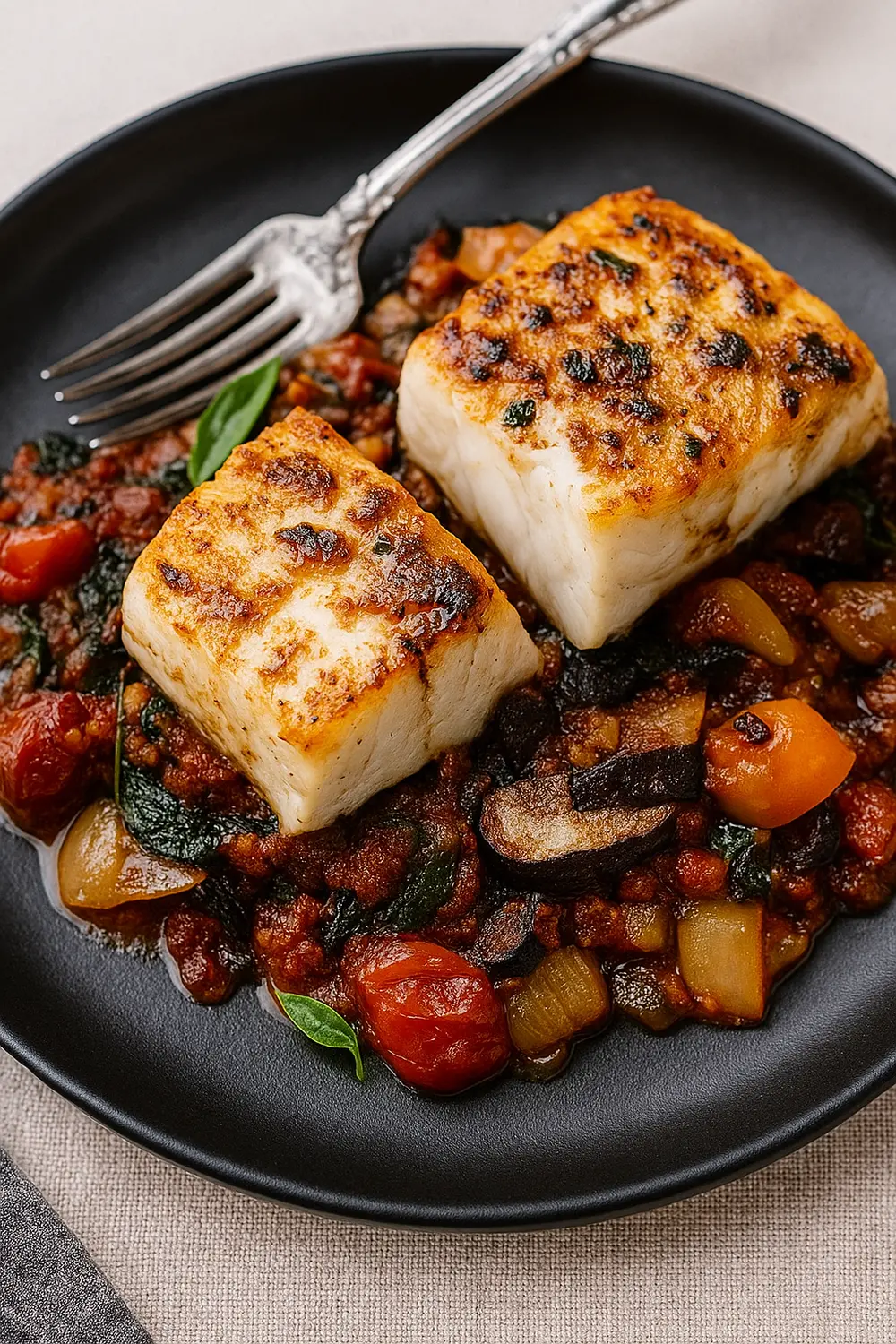 Easy Mounjaro recipes featuring Baked cod fillets over a rich vegetable stew on a black plate with a fork.