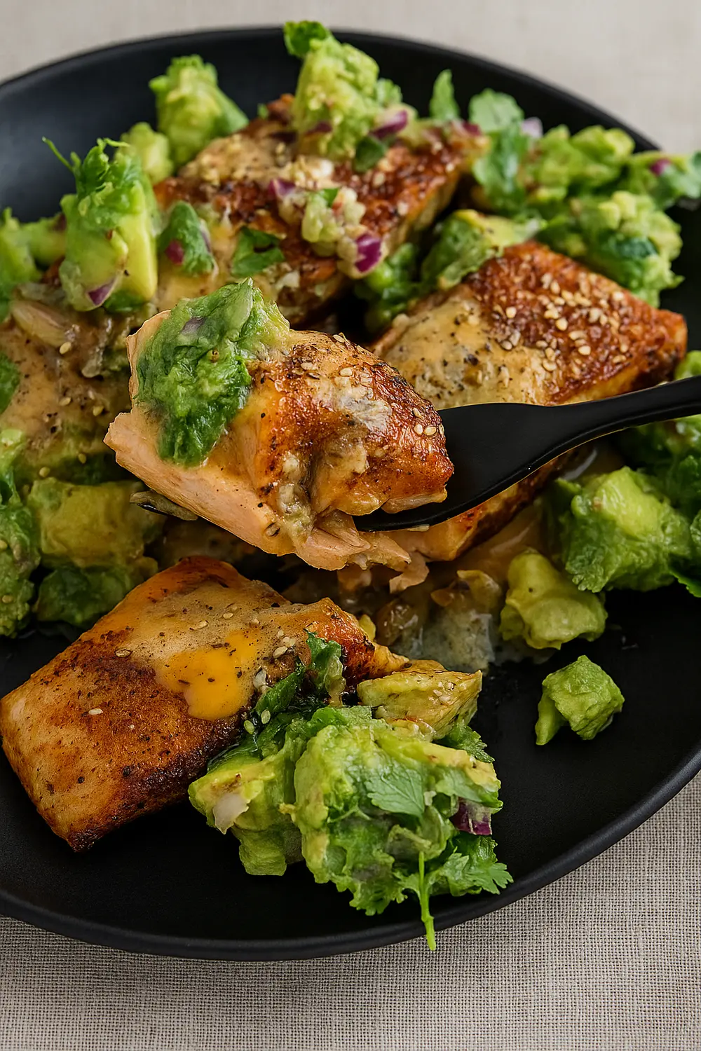 Baked salmon is golden-brown and flaky, surrounded by a generous portion of chunky avocado salsa with red onion and cilantro, perfect for a 7 day meal plan for weight loss.