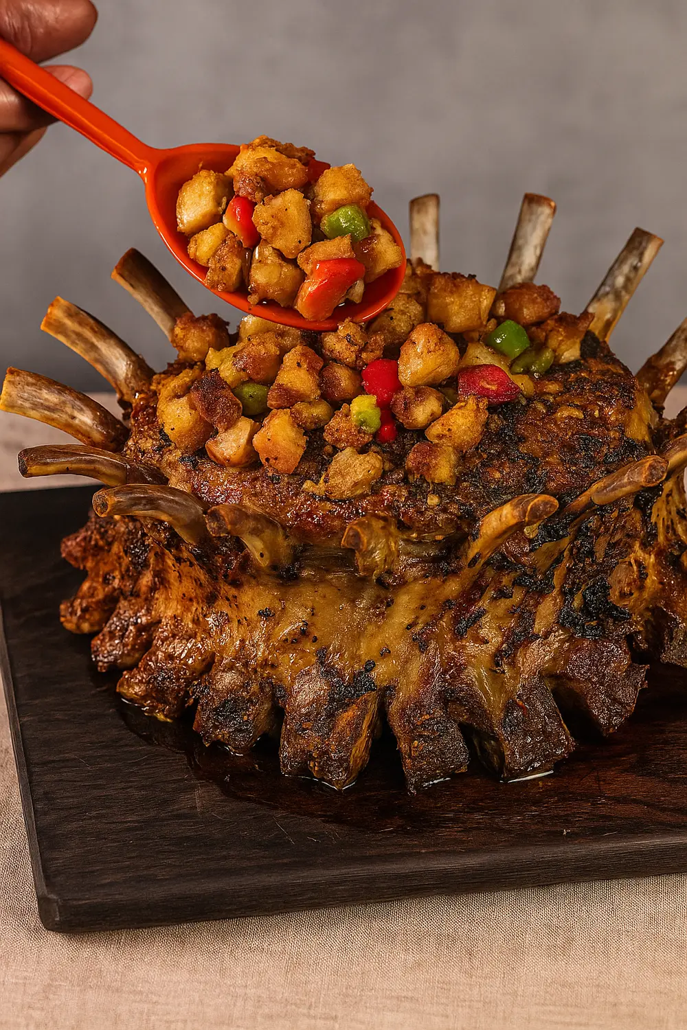 The best crown pork roast recipe features tender, carved pork ribs with an herb crust, perfect for festive holidays such as Christmas dinner or Thanksgiving dinner.