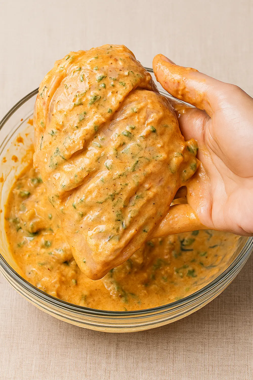 Easy boneless skinless chicken breast recipe features boneless chicken heavily coated in a creamy marinade for air fryer chicken breast recipes.