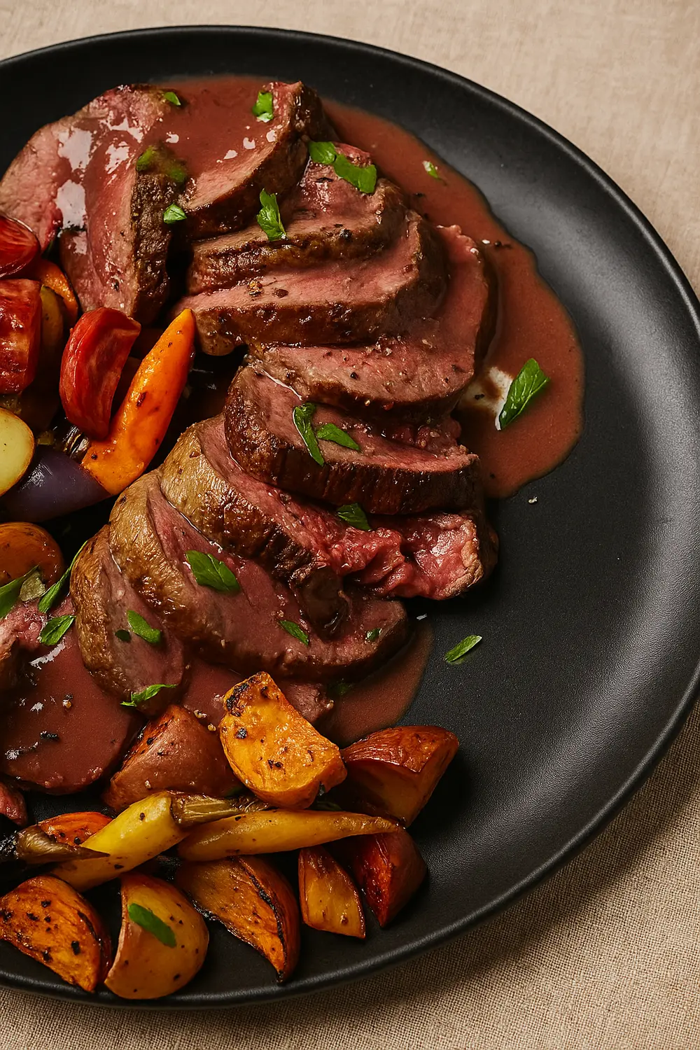 Sliced Chateau Briand recipe features a tender beef roast drizzled with a rich sauce, alongside a medley of roasted carrots, beets, and potatoes.