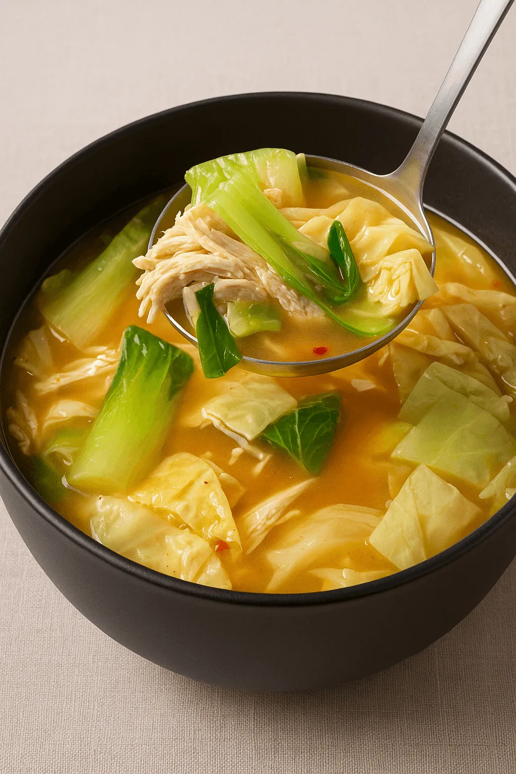 Shredded chicken with bright green bok choy, and chopped cabbage from the golden-hued broth, perfect for those following an endomorph meal plan.