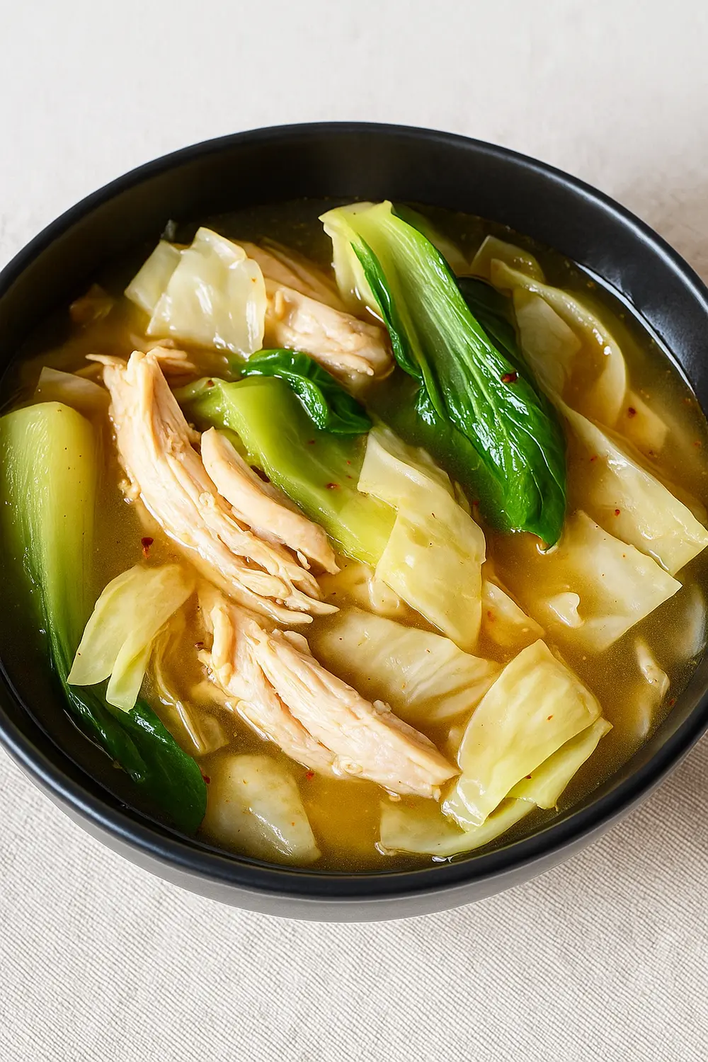 Chicken and cabbage soup in a black bowl, perfect for a Mounjaro diet plan.