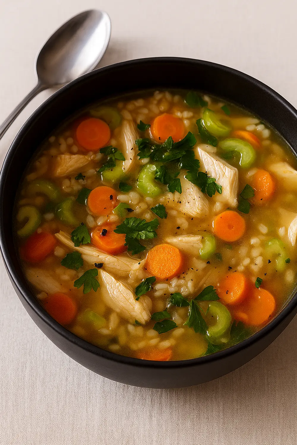 Hearty chicken and rice soup with carrots and celery, perfect for a chicken and rice diet for weight loss.