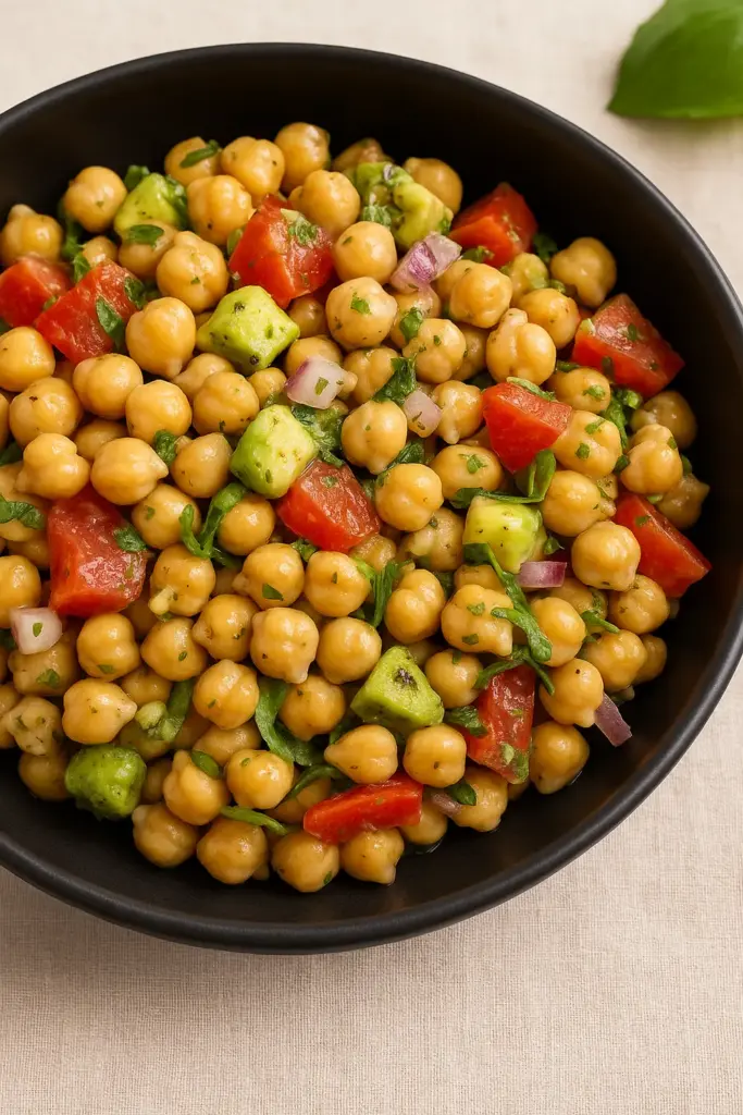 Fresh chickpea avocado salad with tomatoes, cucumbers, and red onion in a black bowl, one of the best Calorie Deficit Dinner Ideas.