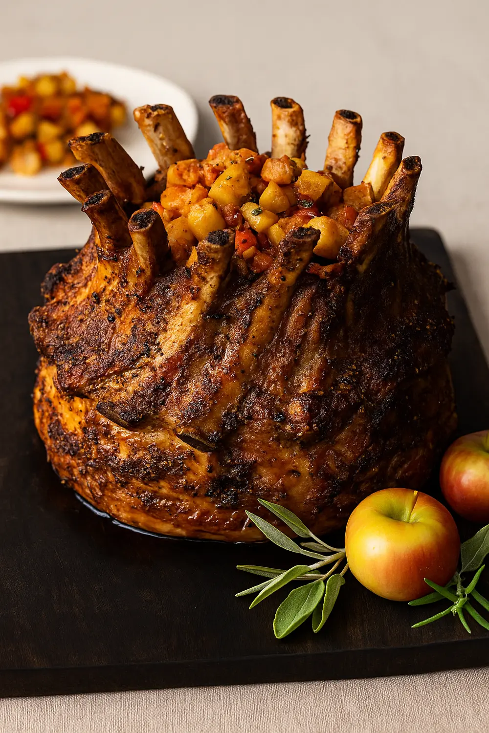 The best crown roast of pork ribs with a crispy, golden-brown skin, resting on a bed of roasted potatoes, perfect for a Christmas roast or festive holiday dinners.