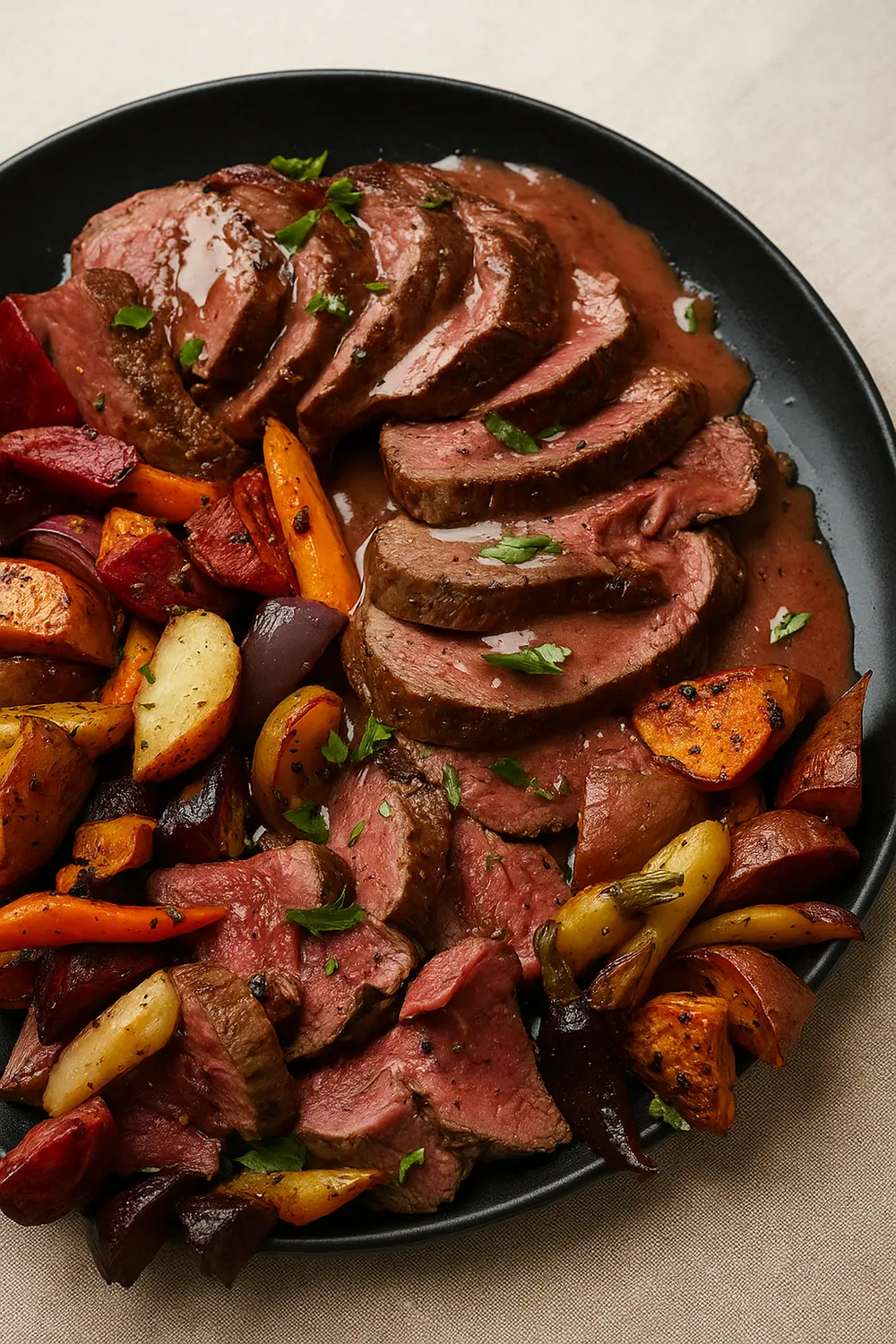 This French Chateaubriand recipe features a thick center-cut of beef tenderloin with roasted root vegetables and a red wine reduction sauce.