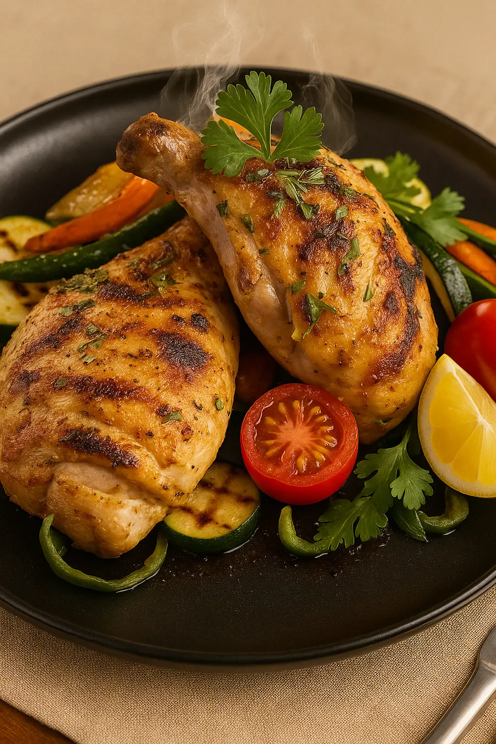 Grilled chicken with roasted vegetables on a black plate, perfect for those on a Mounjaro diet or GLP 1 diet.