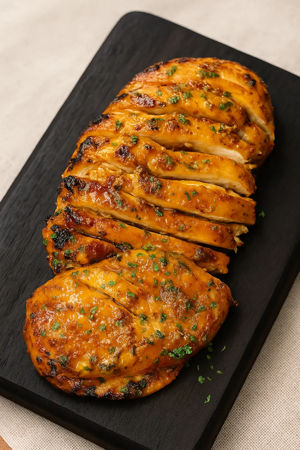Sliced honey garlic chicken breast with a golden glaze, showing tender, juicy texture inside.