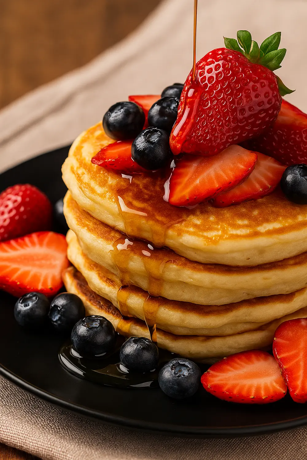 Easy honey pancakes recipe featuring a stack of pancakes topped with fresh sliced strawberries and blueberries, with a drizzle of honey.