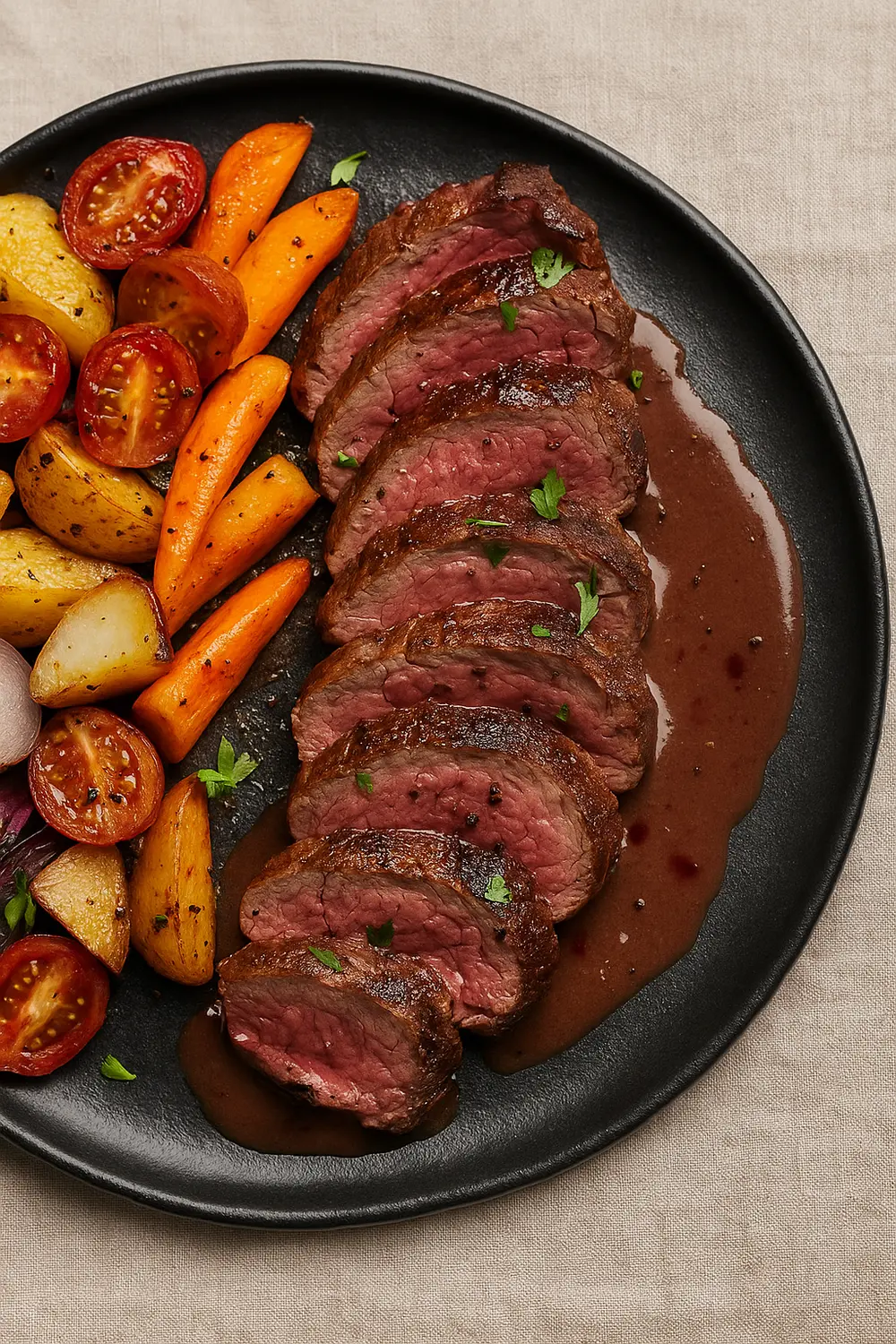 Slices of perfectly cooked Chateaubriand steak with a savory brown sauce and roasted carrots, potatoes, and tomatoes.