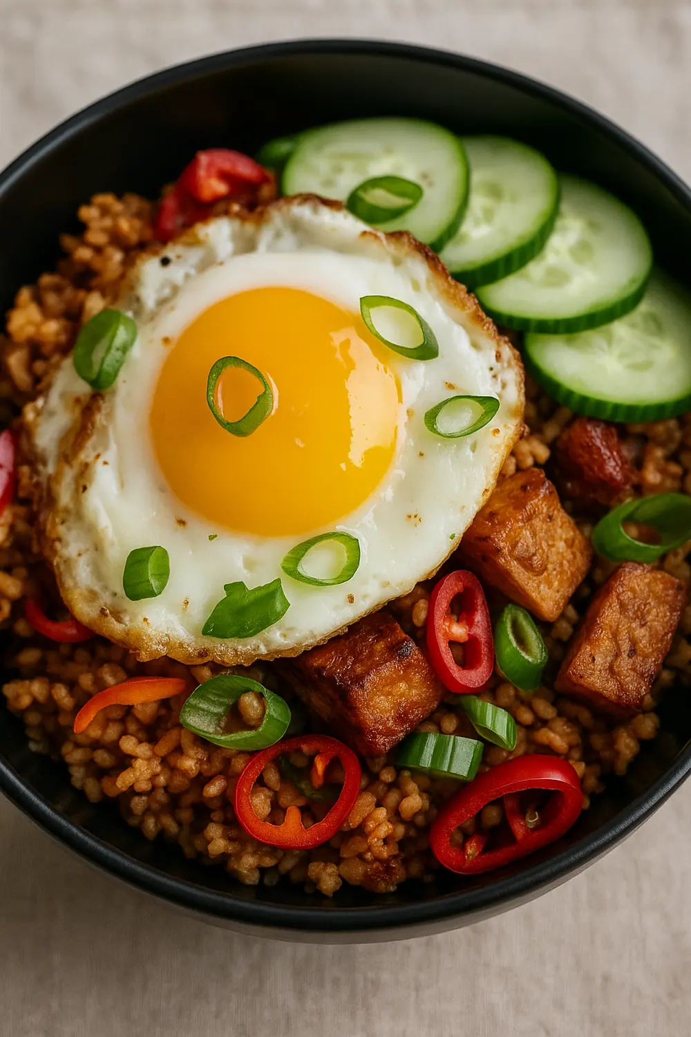 Easy Nasi Goreng with fried egg, tofu, and fresh cucumber, ideal for a 7 day rice diet plan for weight loss.