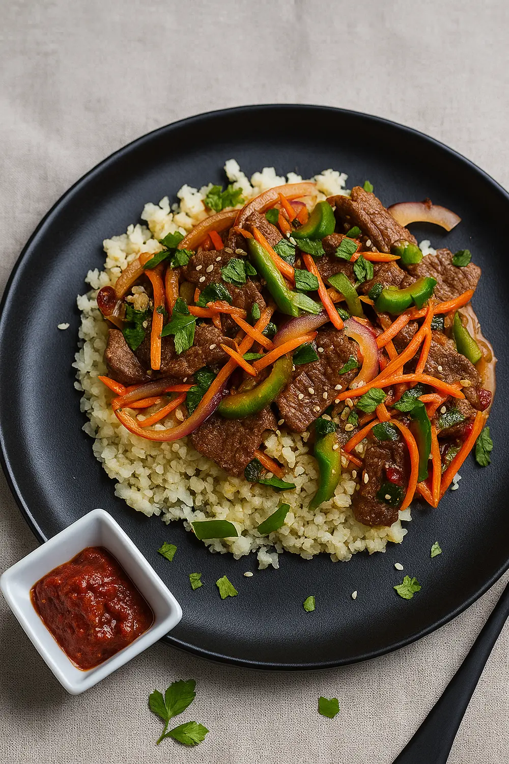 Stir fried beef and vegetables over cauliflower rice, an appealing dish for a 7 day rice diet meal plan.