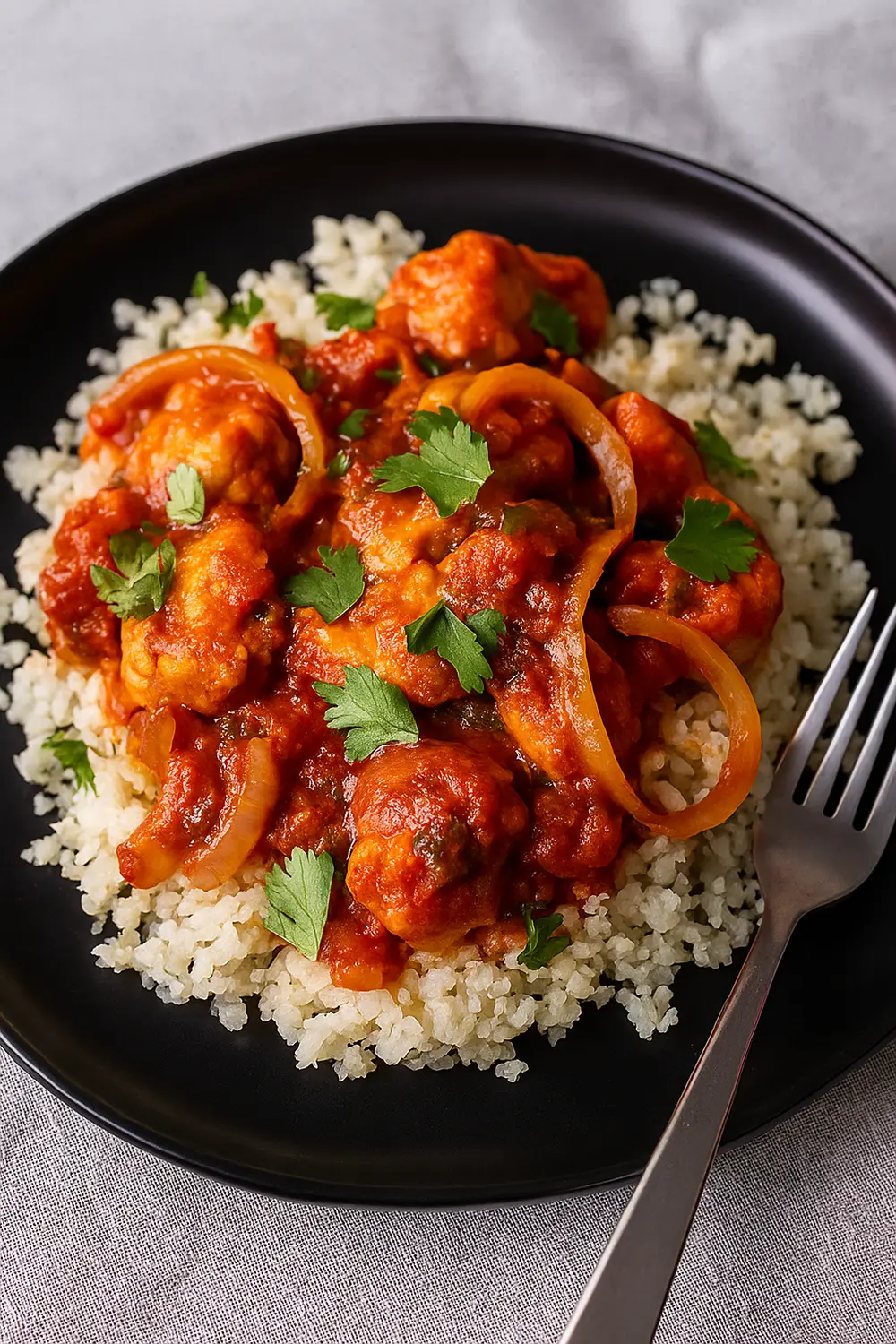 Chicken curry with onions and cilantro served over cauliflower rice, a healthy recipe for those following a rice diet meal plan.