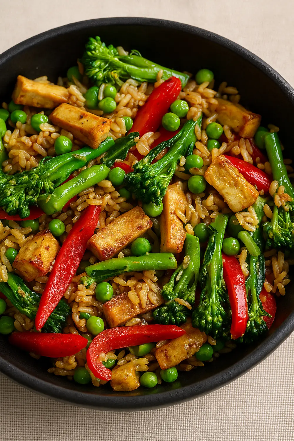 Vegetable fried rice with tofu, red peppers, and broccoli florets, perfect for a rice diet menu plan.