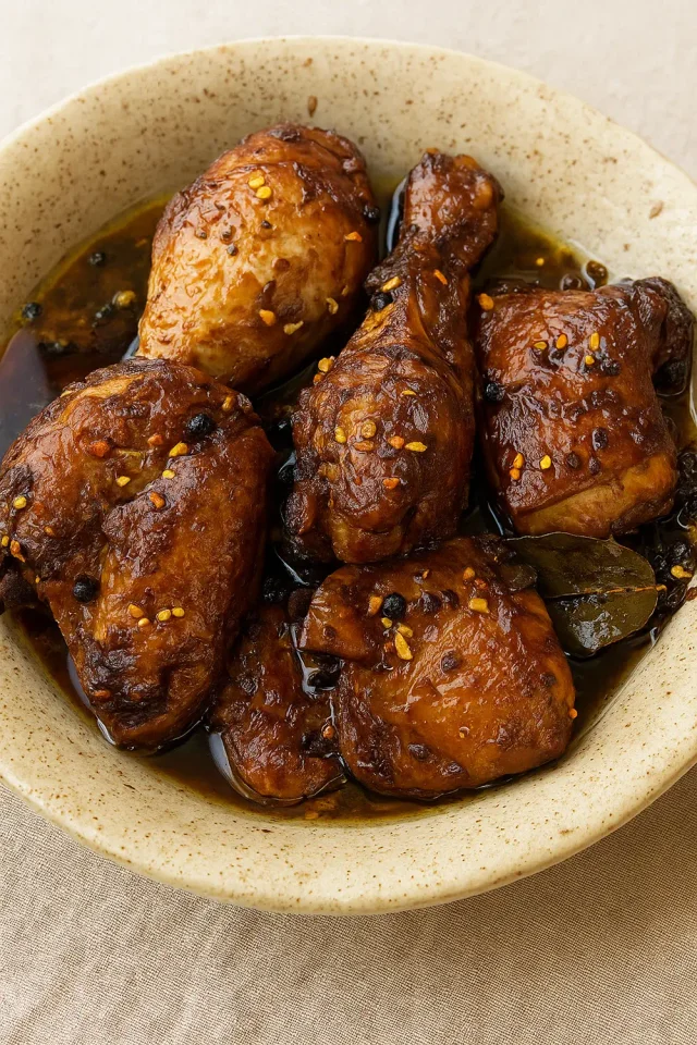Glossy Filipino chicken adobo with bay leaves over steamed rice
