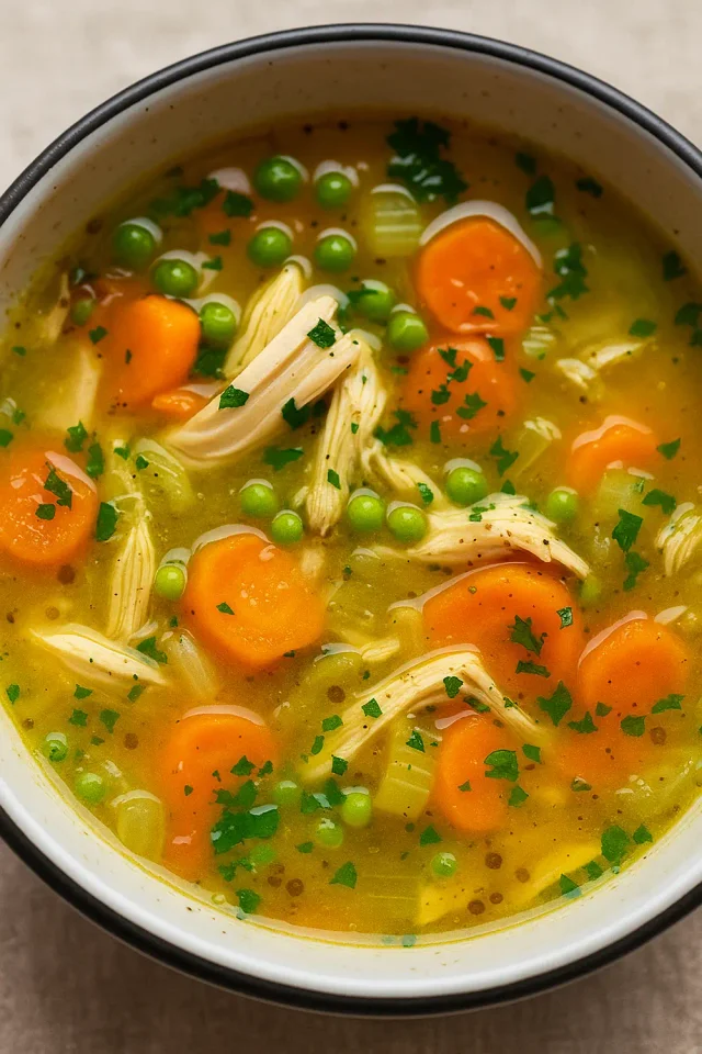 Golden turmeric chicken soup with carrots, celery, and fresh herbs in a white bowl