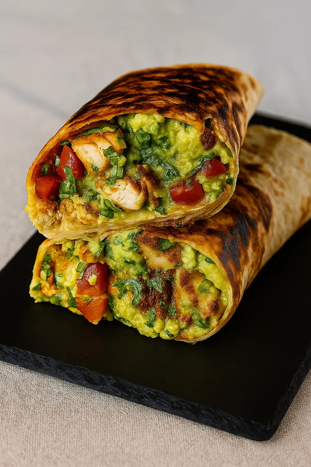 Avocado turkey wrap packed with sliced turkey, guacamole, and diced tomatoes.