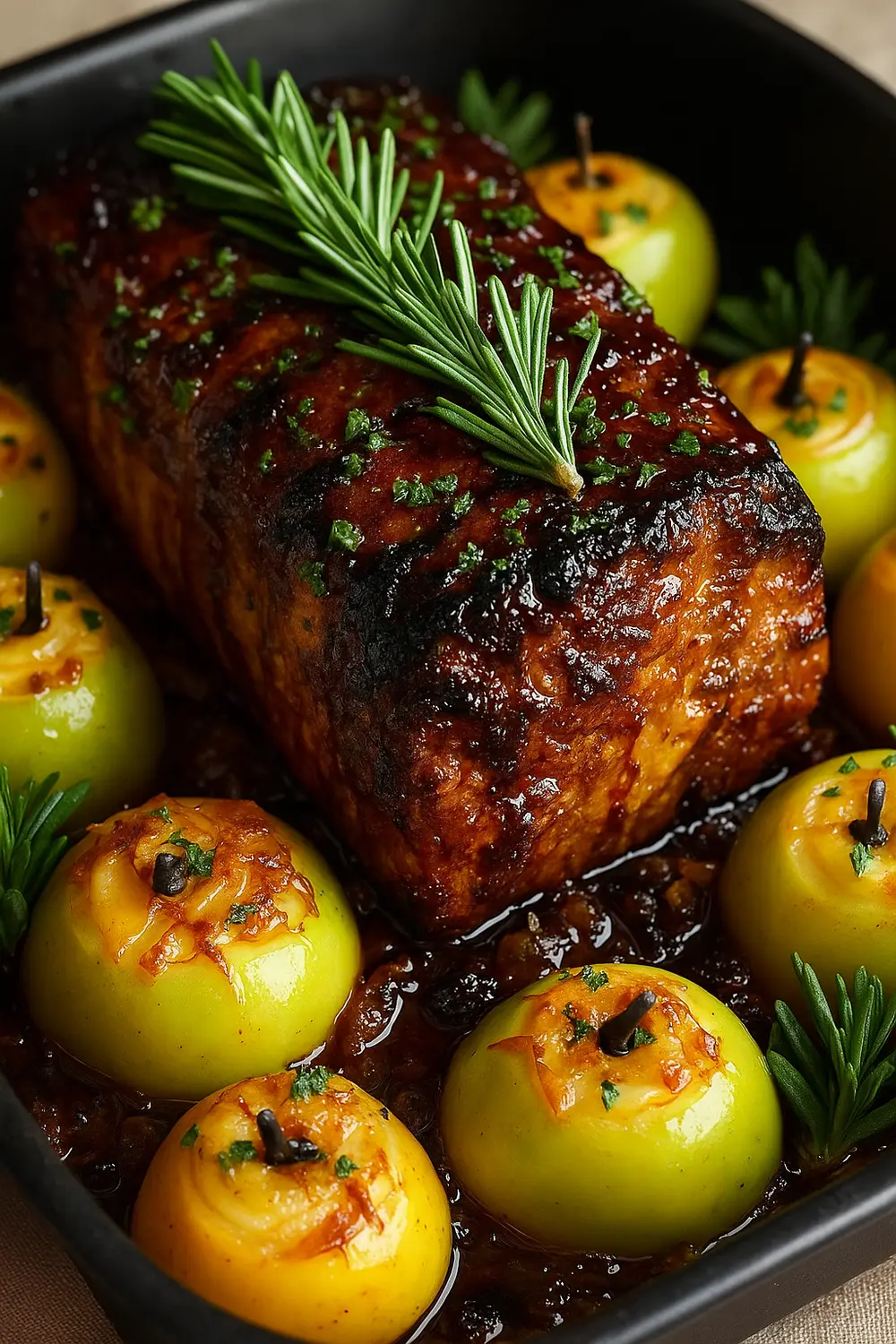 Golden-brown baked pork loin roast surrounded by roasted apples and herbs, a perfect Christmas dinner recipe that is easy to make.