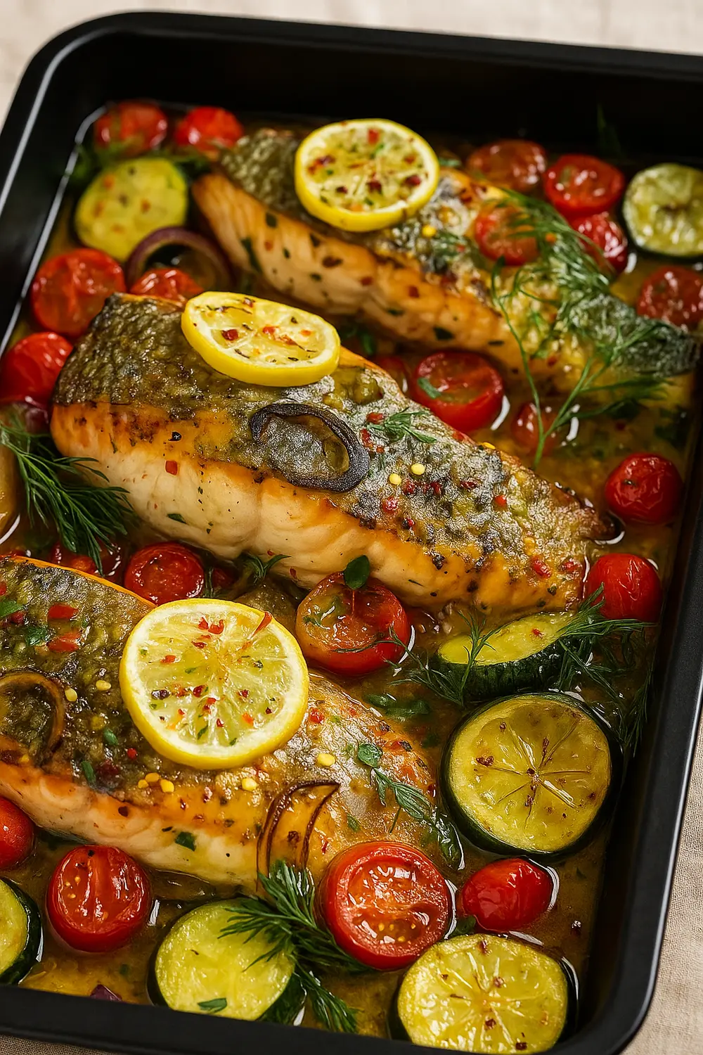 Baked salmon recipe featuring flaky salmon with lemon slices, cherry tomatoes, and zucchini in a baking tray, perfect for a healthy Mediterranean dinner.