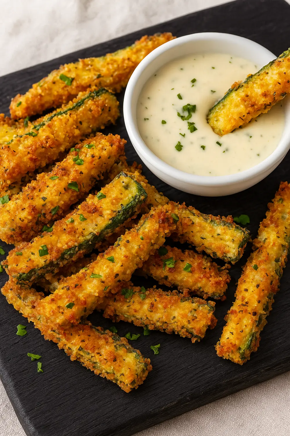 Golden brown baked zucchini fries with a crispy coating and melted Parmesan cheese, a perfect guilt free snack.