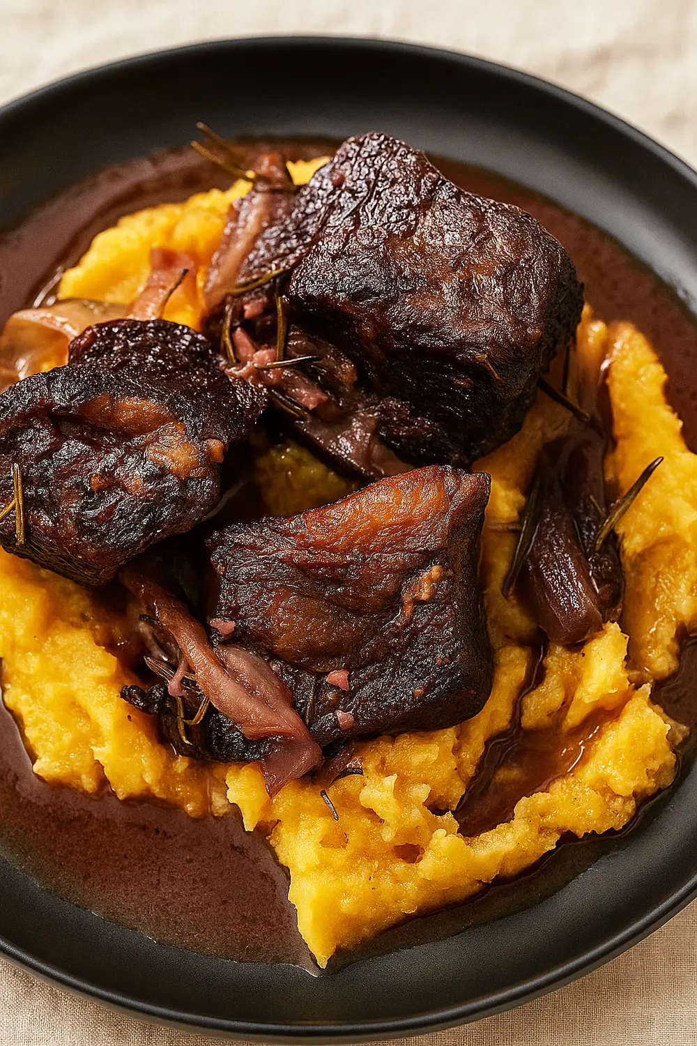 Crock pot beef short ribs served over buttery mashed potatoes with a savory red wine gravy.