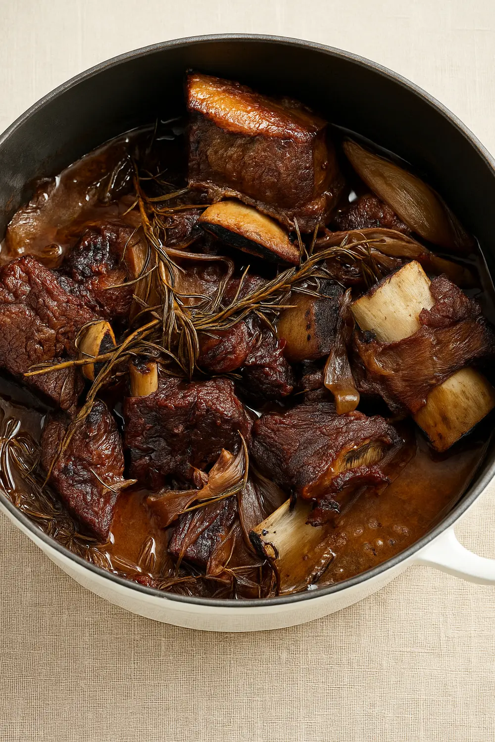 Tender beef short ribs slowly braised in a rich sauce with rosemary and onions inside a white Dutch oven, one of the best Christmas dinner ideas to try.