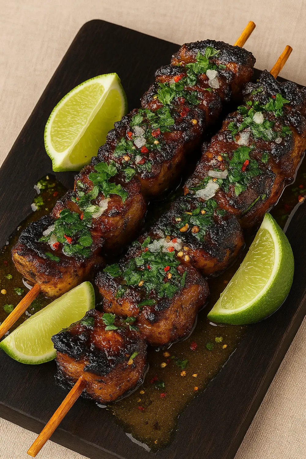 The best chicken skewers recipe featuring perfectly charred chicken skewers coated with Thai-inspired glaze, topped with chopped herbs, and served with lime wedges.