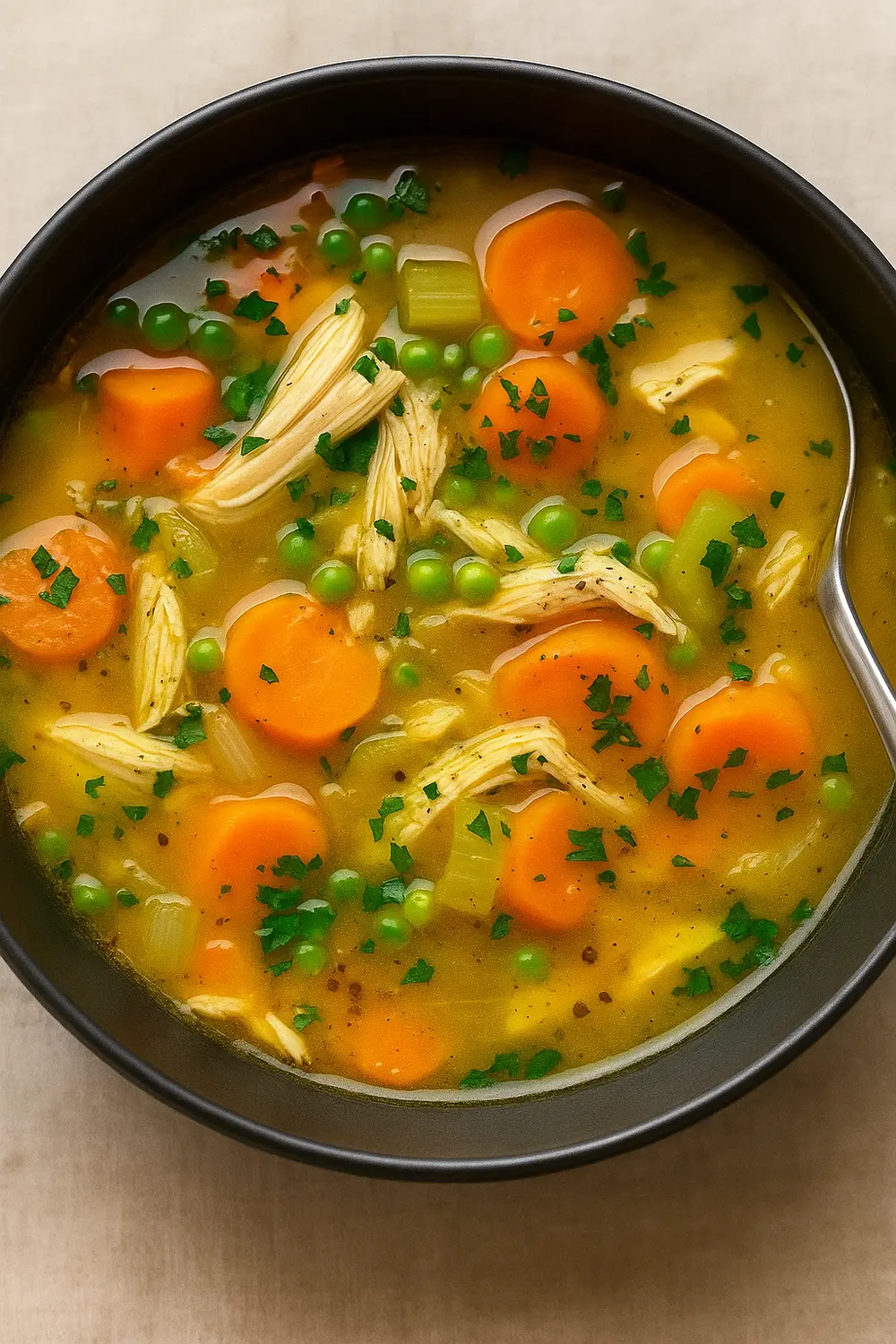 The best chicken soup recipe featuring carrots, peas, and shredded chicken in a rich, comforting broth, a healing anti inflammatory soup.