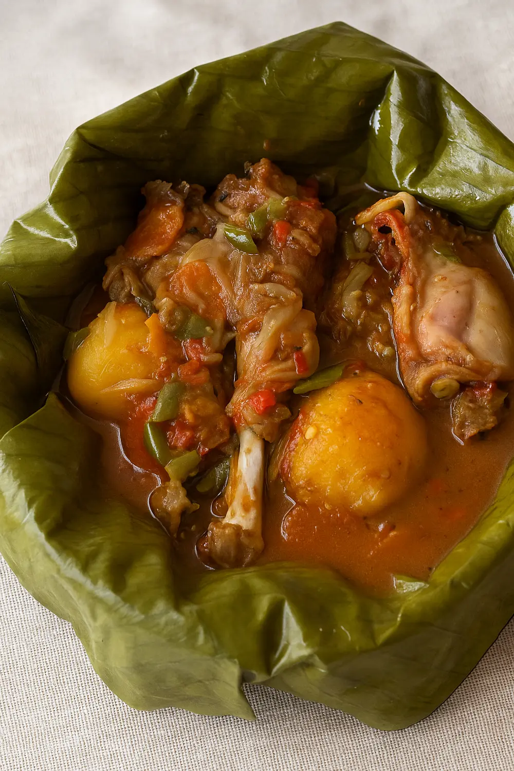 Best chicken stew recipe featuring slow cooker luwombo chicken with potatoes, vegetables, in a flavorful broth, a traditional Ugandan-style dinner.