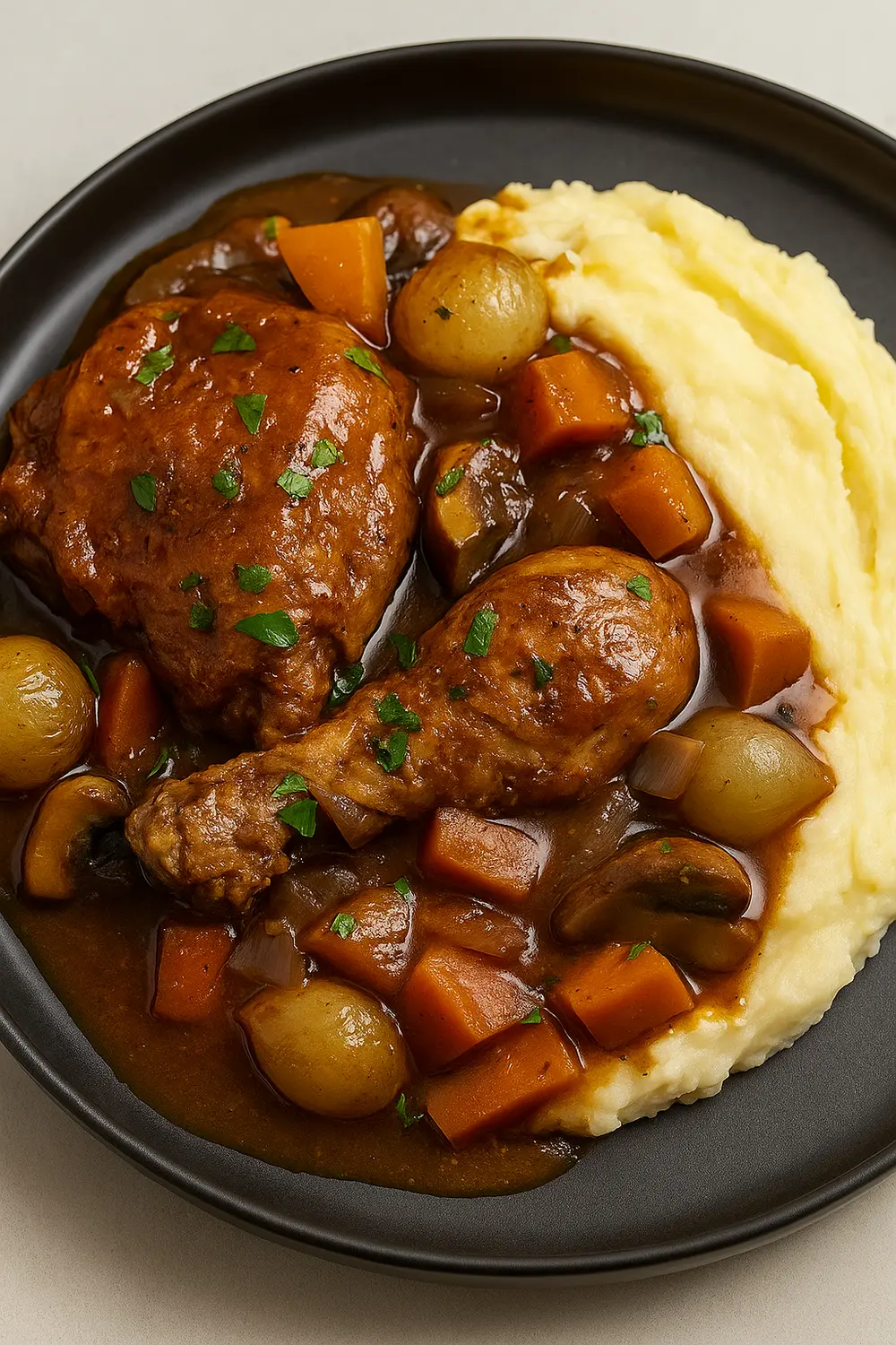 The best Coq au Vin recipe with golden-browned chicken simmered in a red wine sauce with mushrooms, carrots, and onions, served with mashed potatoes.