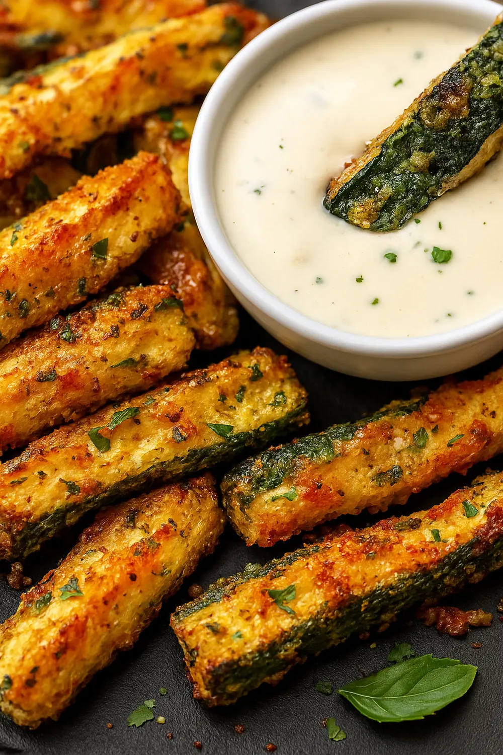 Best air fryer zucchini fries recipe crispy, golden zucchini coated in parmesan and herbs for the perfect healthy snack, served with a side of creamy dipping sauce.