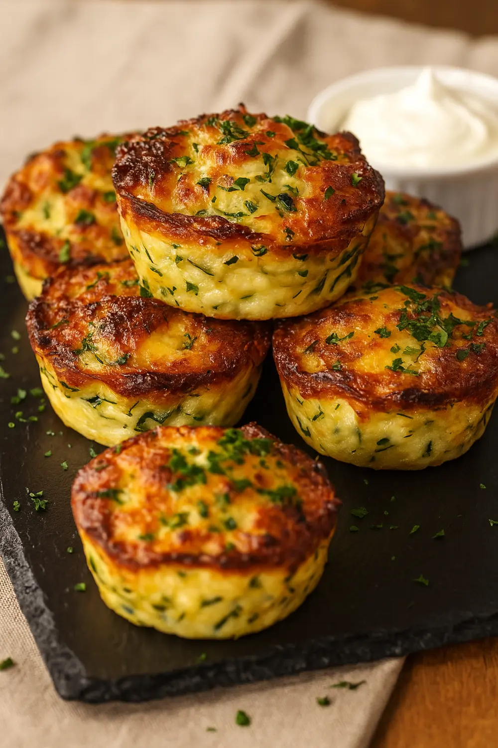The best zucchini muffins recipe features zucchini and potatoes baked into golden, savory muffins with a cheesy crust and served with sour cream or dip.
