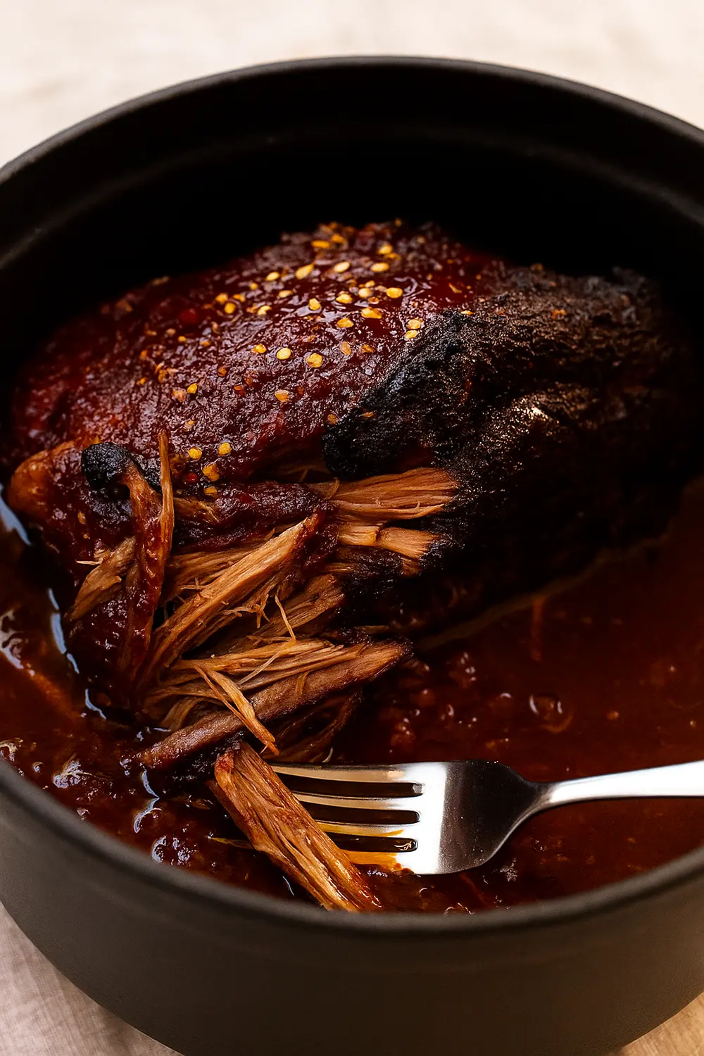 Juicy, shredded smoked brisket in a slow cooker, pulled apart by a fork, coated in a thick, BBQ sauce, and sprinkled with red pepper flakes.