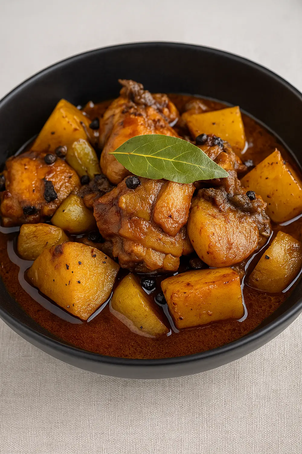 Chicken adobo with potatoes in a savory soy-vinegar sauce, garnished with black peppercorns and bay leaf, served in a black bowl.