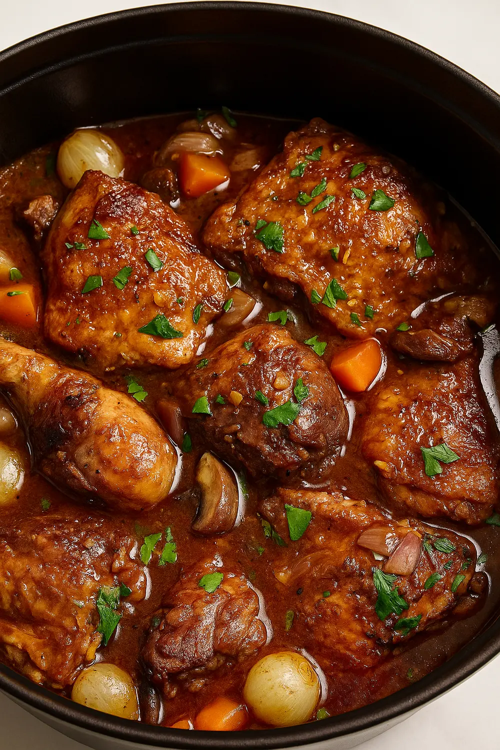 Chicken Coq au Vin with tender chicken thighs and drumsticks braised in red wine sauce with vegetables, mushrooms, and onions is one of the best Christmas dinner recipes you will love.
