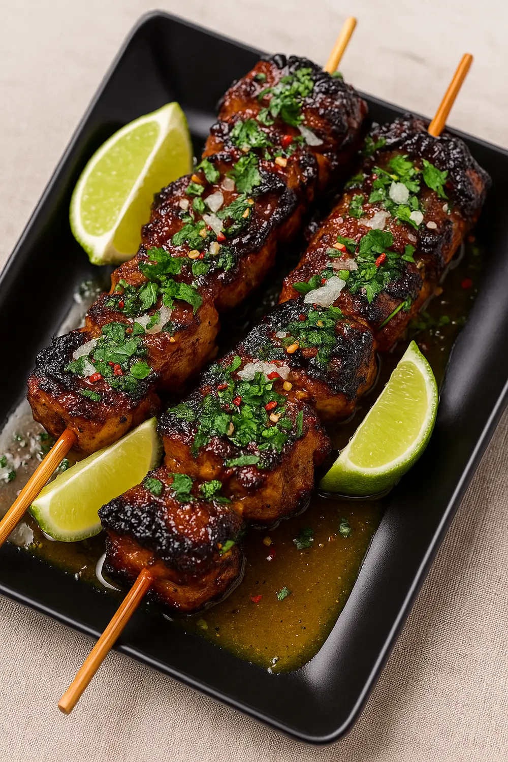 The best chicken satay skewers recipe featuring juicy grilled chicken skewers glazed with a rich Thai-style sauce, garnished with fresh herbs and lime wedges.