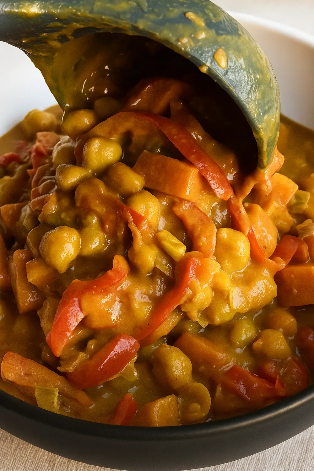 Bowl of coconut chickpea curry with creamy coconut sauce, chickpeas, and vegetables.