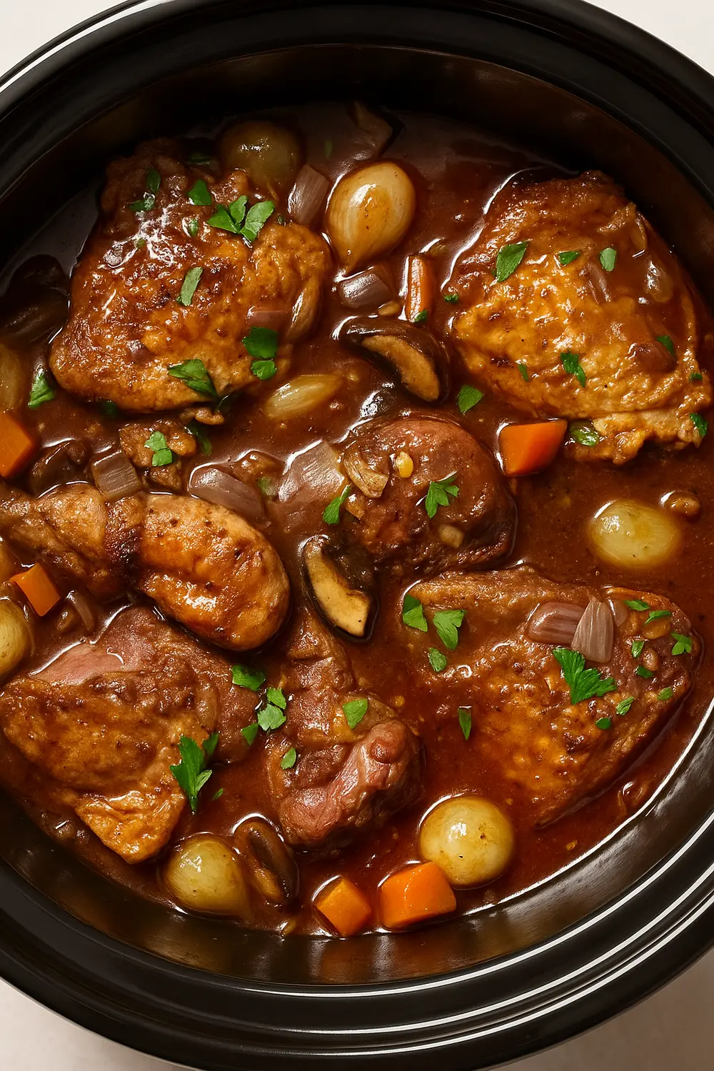 Classic Coq au Vin recette showcasing braised chicken pieces in a red wine sauce with mushrooms, pearl onions, and carrots garnished with parsley.