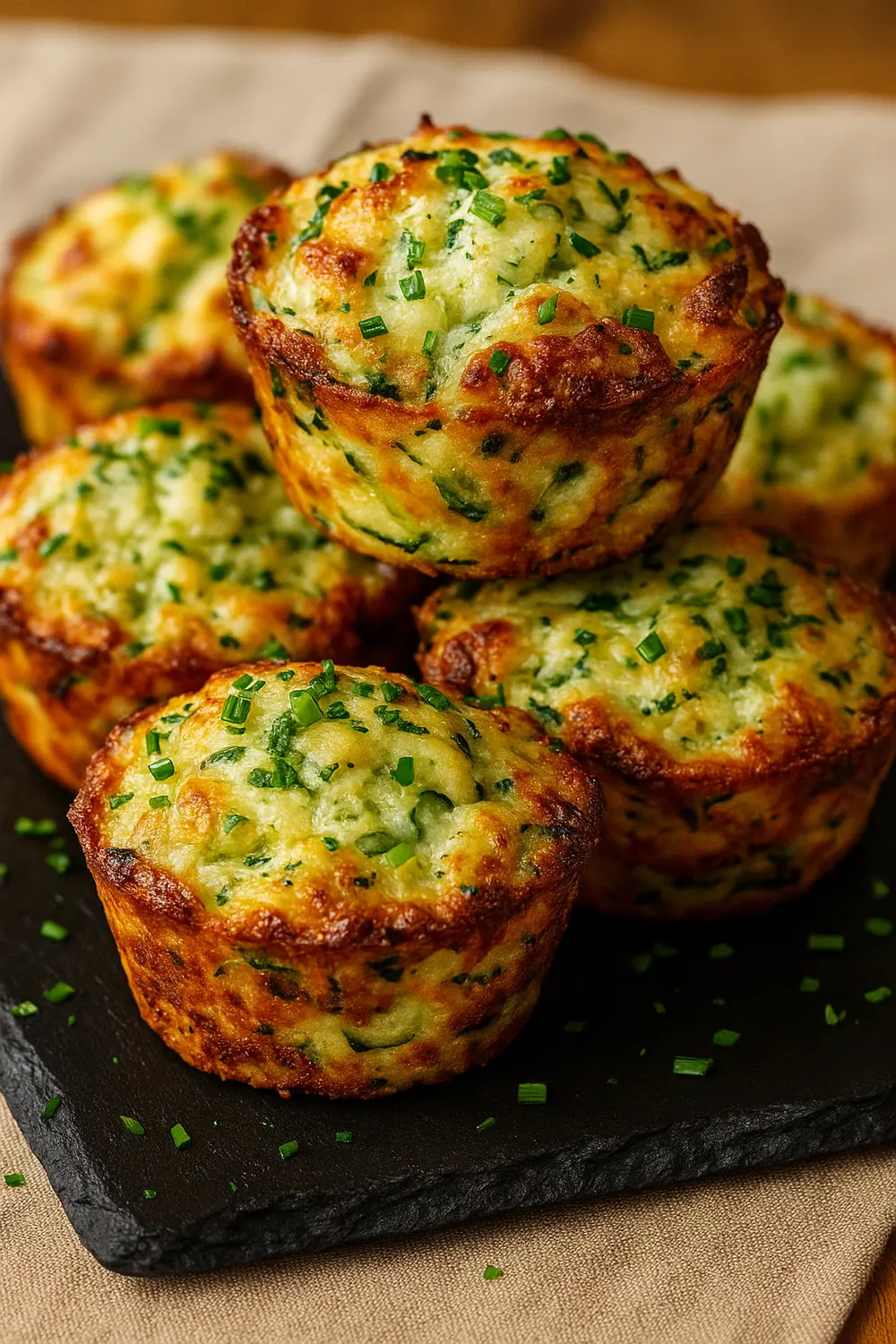 Homemade crispy potato zucchini muffins with golden tops, baked with fresh zucchini and herbs.